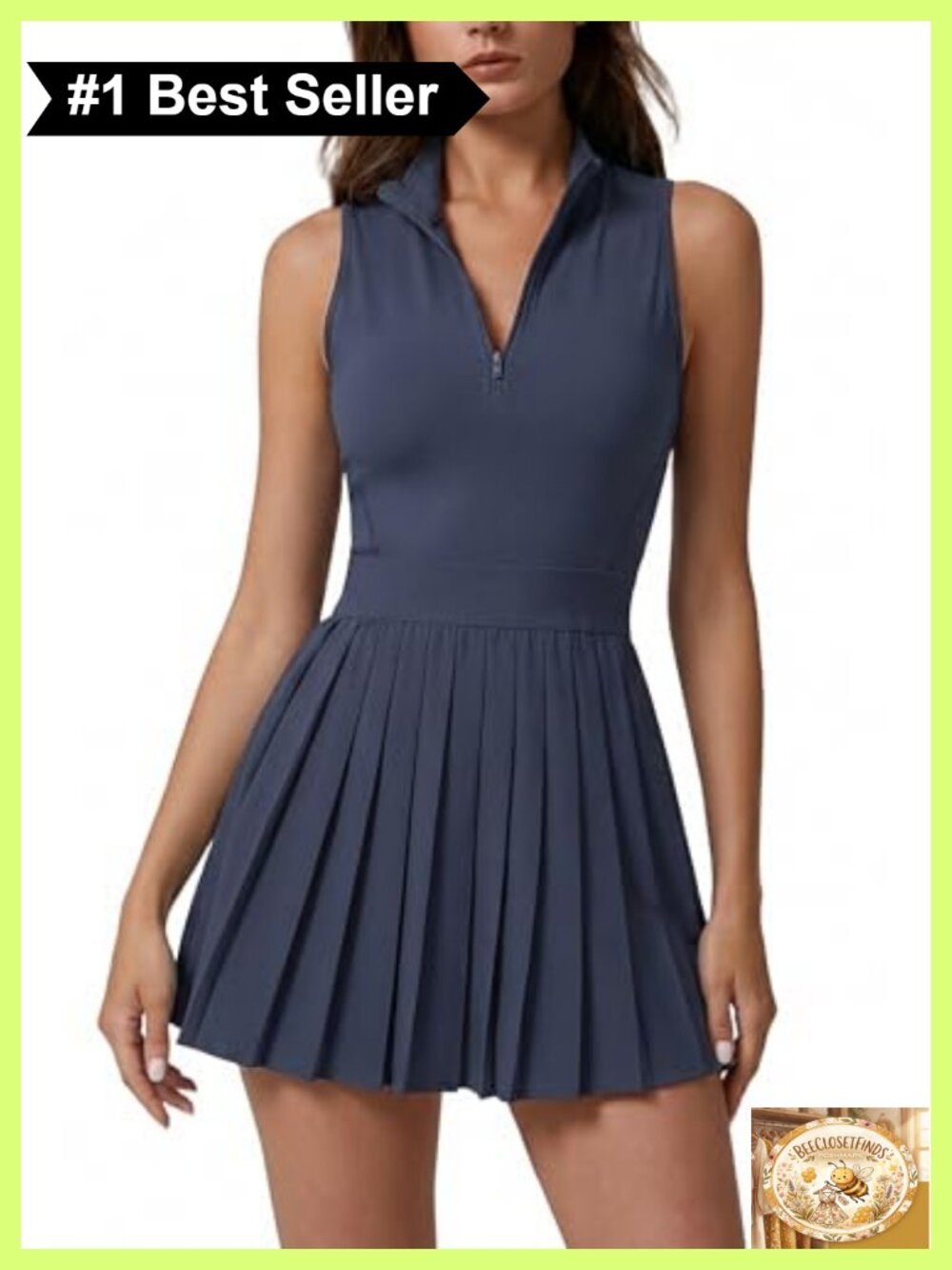 Women's Zip Front Tennis Dress High Neck Pleated Sleeveless Two Piece Golf